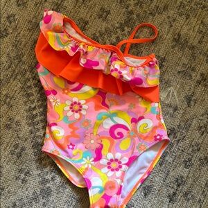 Flapdoodles Orange and Pink One Piece Swimsuit with Ruffles